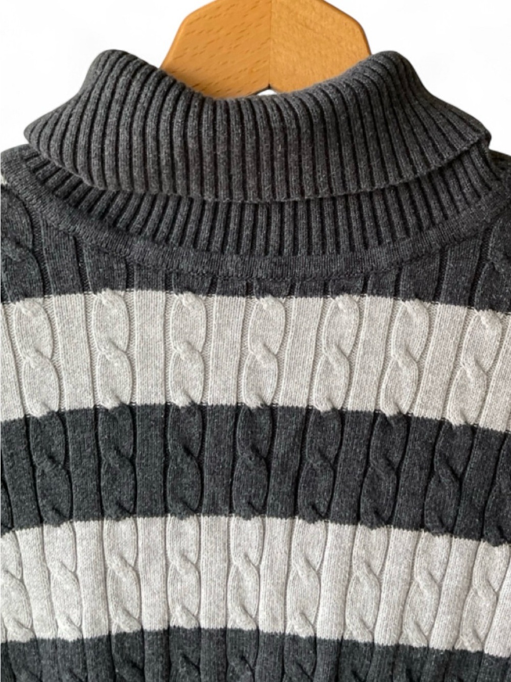 PRIA Y2K 90s Black Cream Striped Cable-Knit Textured Turtleneck | Cotton | LARG